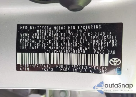 2022 Toyota Corolla L from USA, damaged, VIN 5YFDPMAEXNP294860